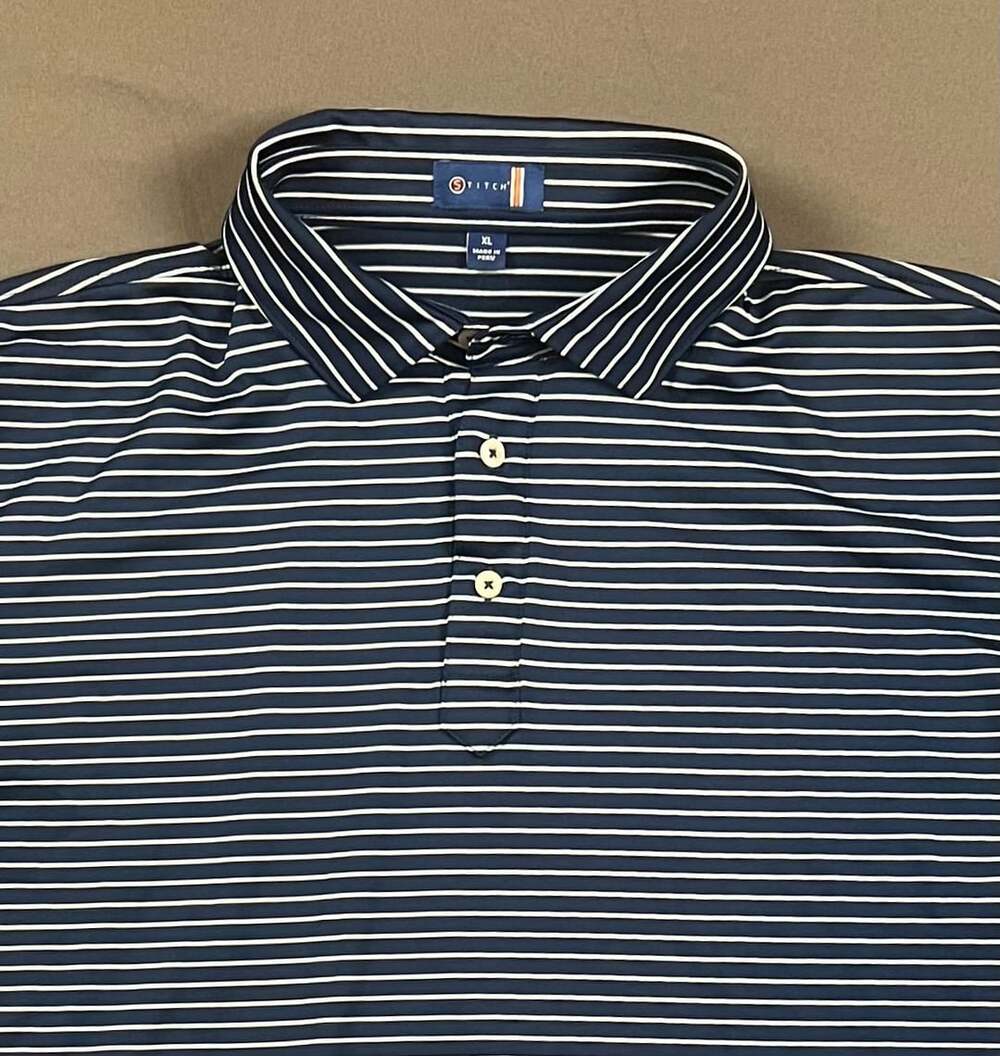 Stitch Golf Navy and White Striped Performance Polo Shirt XL